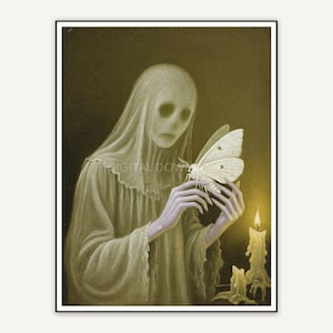 Vintage oil painting of a pale ghost holding a white moth