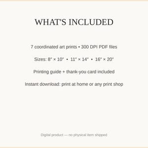 What's included: 7 art prints as 300 DPI PDFs in three sizes plus printing guide and thank-you card