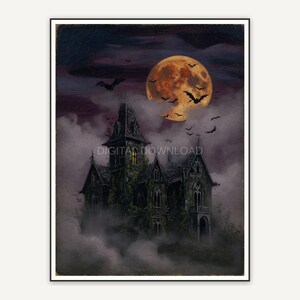 Harvest moon over misty manor with bats