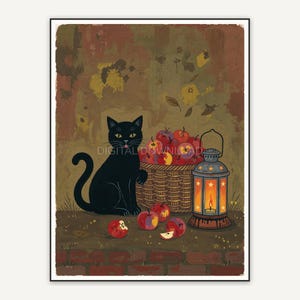Black cat beside lantern and apples