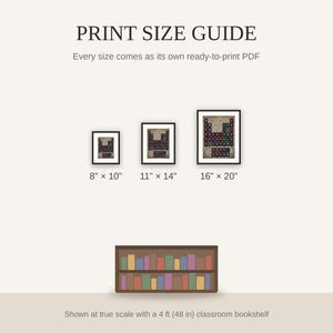 Print size guide showing 8x10, 11x14, and 16x20 framed prints at true scale beside a classroom bookshelf