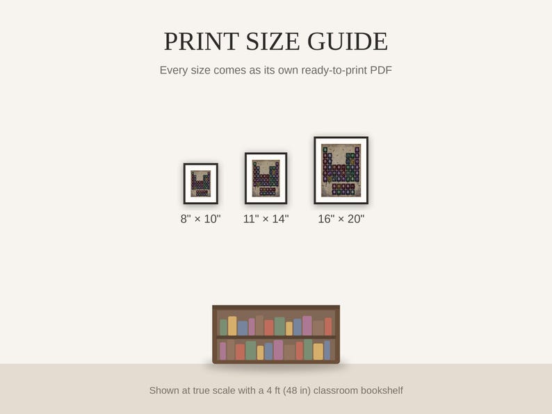 Print size guide showing 8x10, 11x14, and 16x20 framed prints at true scale beside a classroom bookshelf