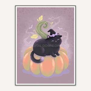 Rounded black cat with witch hat on pumpkin pastel art