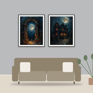 Gothic Moon Studies printable art framed above a sofa in a styled living room