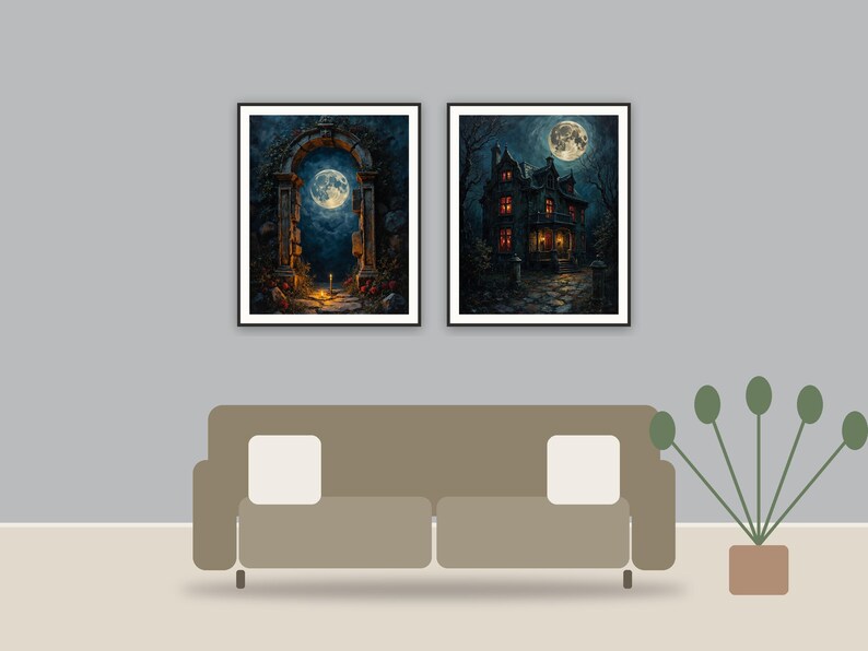 Gothic Moon Studies printable art framed above a sofa in a styled living room