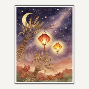 Bundled wheat and lanterns under starry sky