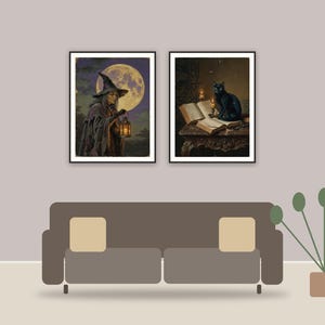witchy wall art printable art framed above a sofa in a styled living room