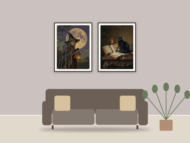 witchy wall art printable art framed above a sofa in a styled living room