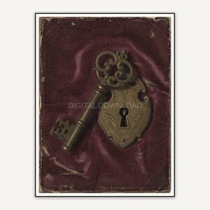 Heirloom-style oil painting of a skeleton key and antique lock on velvet