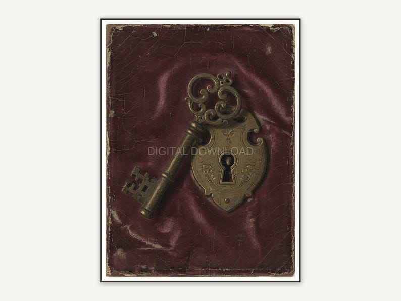Heirloom-style oil painting of a skeleton key and antique lock on velvet