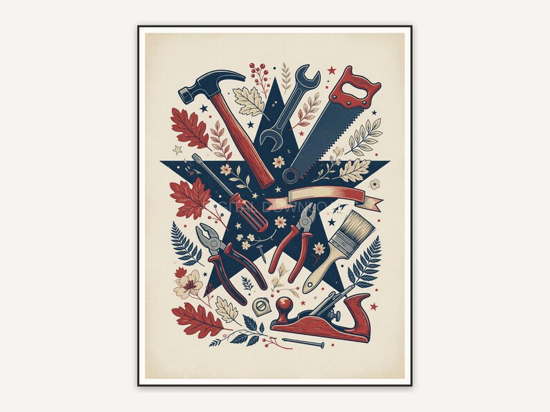 Retro tools and foliage in vintage palette