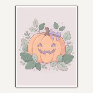 Carved pumpkin with bow and sage leaves pastel style