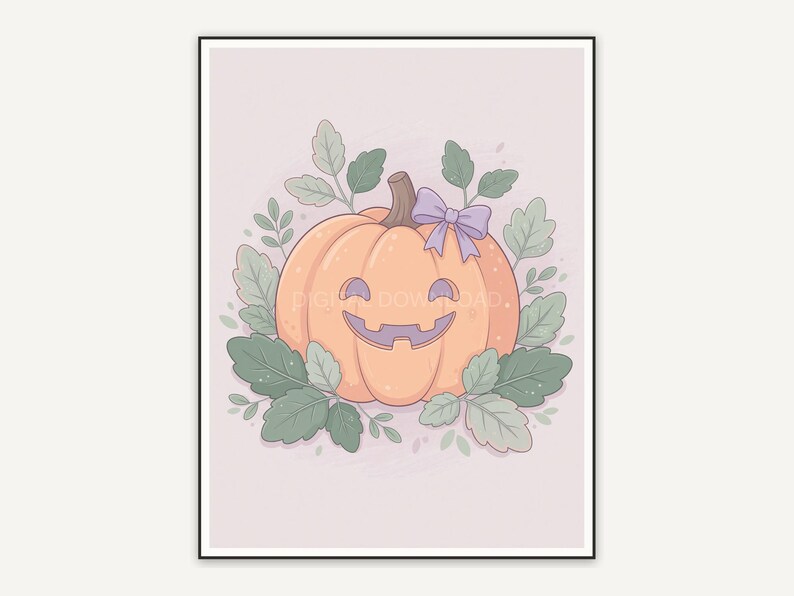 Carved pumpkin with bow and sage leaves pastel style