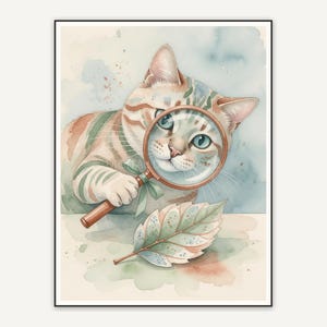 Striped cat with magnifying glass and leaf