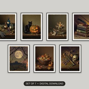 Set of 7 halloween decor printable prints shown as a gallery wall