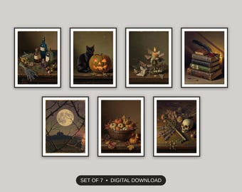 Halloween Decor Set Of 7, Vintage Oil Painting Prints, Moody Still Life Gallery Wall, Entryway Mantel Art, Spooky Season Digital Download