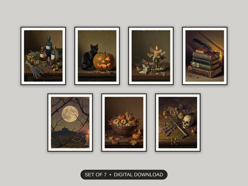 Set of 7 halloween decor printable prints shown as a gallery wall