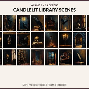 Volume 2 Candlelit Library Scenes: 24 printable Halloween art designs, dark moody studies of gothic interiors