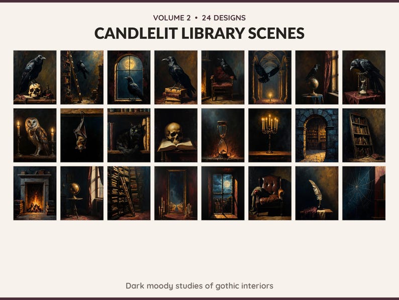 Volume 2 Candlelit Library Scenes: 24 printable Halloween art designs, dark moody studies of gothic interiors