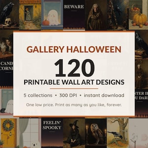 Halloween printable wall art mega bundle with 120 art prints in 5 collections: Antique Oil Portraits, Candlelit Library Scenes, Rustic Folk Harvest, Gentle Specter Companions, Midnight Poster Fields