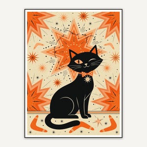 Retro mid-century black cat print in orange and cream