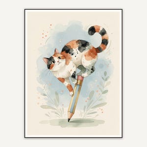 Calico cat balancing on pencil