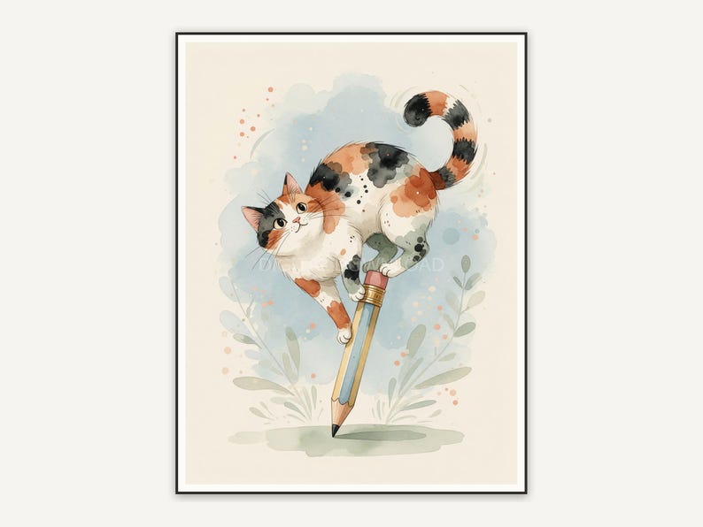 Calico cat balancing on pencil