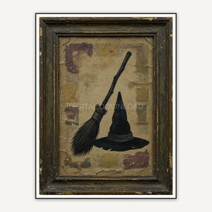 Antique frame Halloween quote print Stay For A Spell with broom and hat