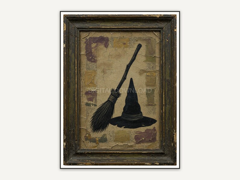 Antique frame Halloween quote print Stay For A Spell with broom and hat