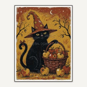 Whimsigoth primitive folk painting of black cat in pointed hat with apples