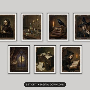 Set of 7 witch wall art printable prints shown as a gallery wall