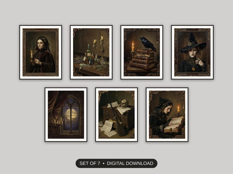 Set of 7 witch wall art printable prints shown as a gallery wall