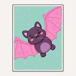 Smiling bat with pink wings on mint creepy cute print