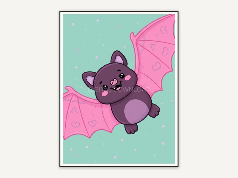 Smiling bat with pink wings on mint creepy cute print
