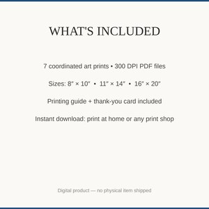 What's included: 7 art prints as 300 DPI PDFs in three sizes plus printing guide and thank-you card