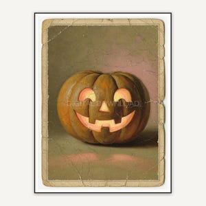 Vintage oil painting postcard of a smiling carved pumpkin
