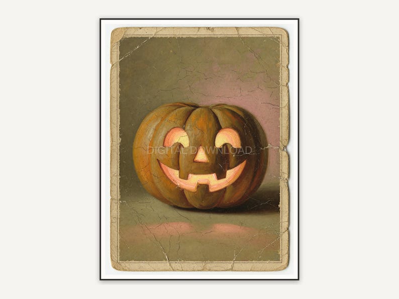 Vintage oil painting postcard of a smiling carved pumpkin