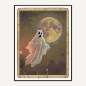Vintage oil painting postcard of a floating sheet ghost and moon