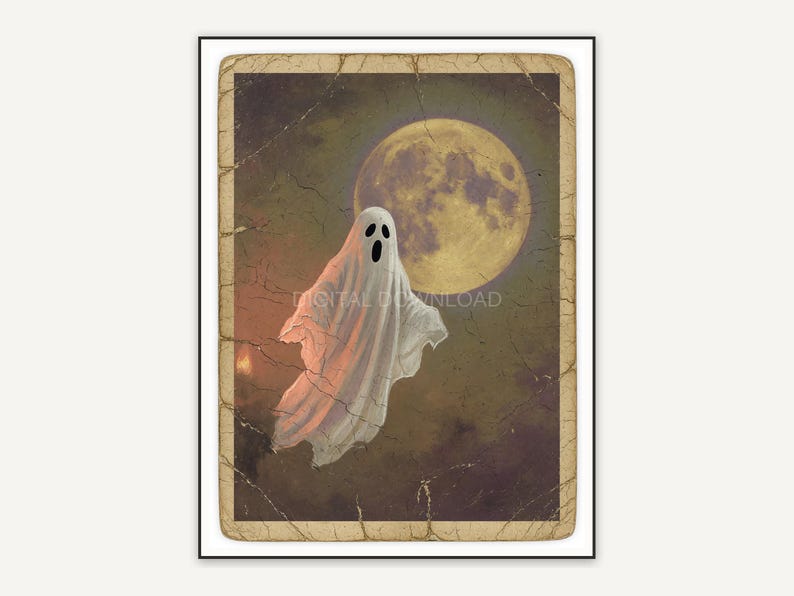 Vintage oil painting postcard of a floating sheet ghost and moon