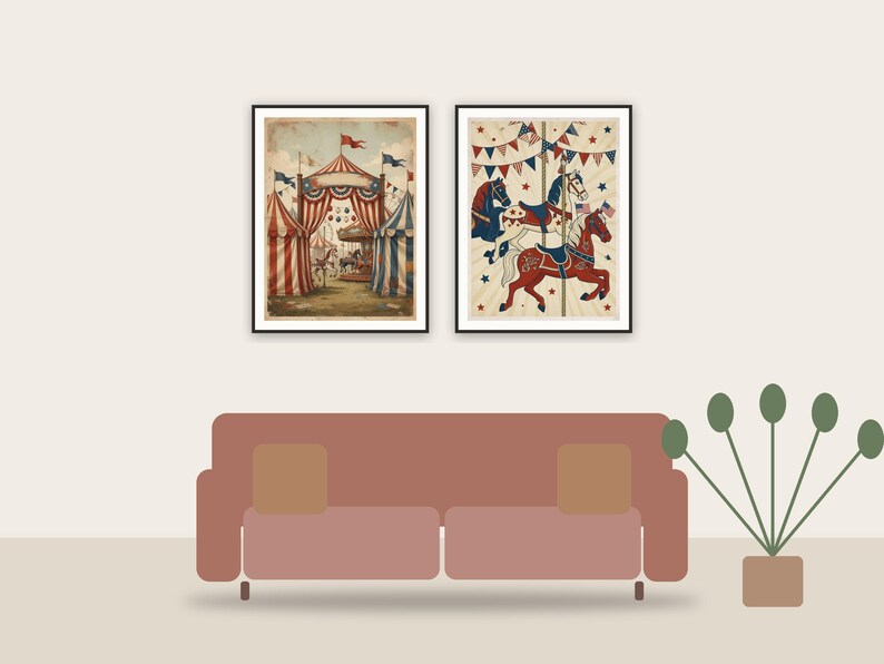 vintage americana summer printable art framed above a sofa in a styled living room