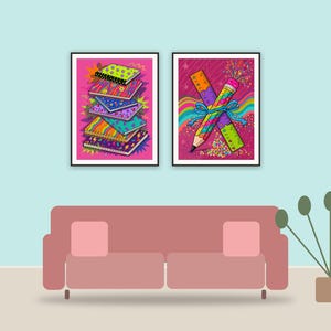 playful classroom icons printable art framed above a sofa in a styled living room