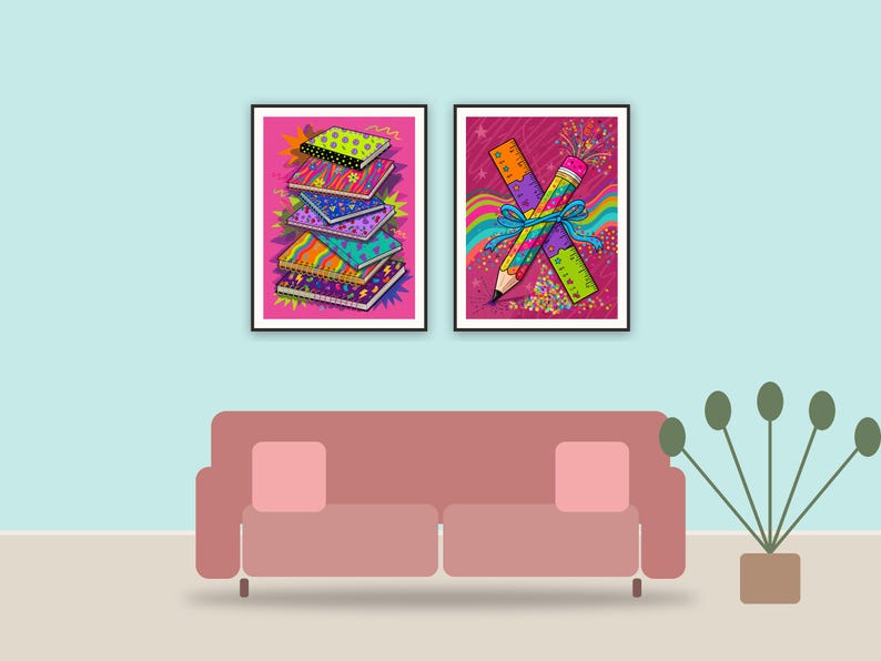 playful classroom icons printable art framed above a sofa in a styled living room