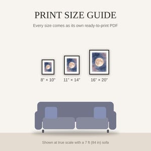 Print size guide showing 8x10, 11x14, and 16x20 framed prints at true scale beside a sofa