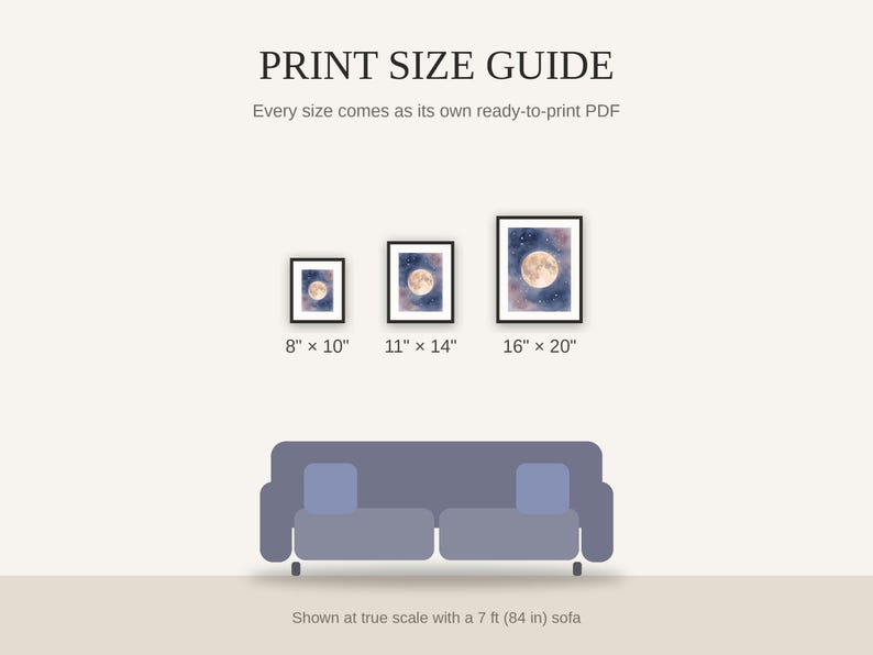 Print size guide showing 8x10, 11x14, and 16x20 framed prints at true scale beside a sofa