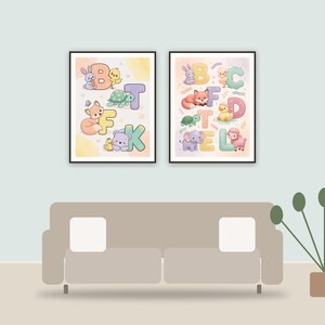 nursery animal art printable art framed above a sofa in a styled living room
