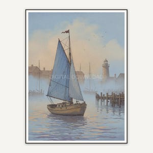 Faded sailboat in misty harbor for porch wall