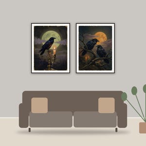 halloween decor and spooky season wall art printable art framed above a sofa in a styled living room