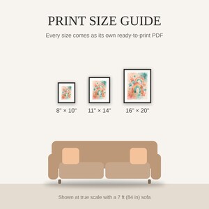 Print size guide showing 8x10, 11x14, and 16x20 framed prints at true scale beside a sofa