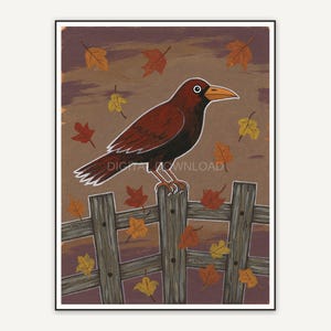 Rustic crow on fence with autumn leaves