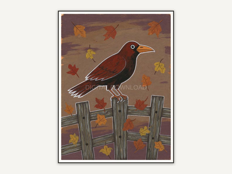Rustic crow on fence with autumn leaves